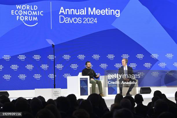 Ukrainian President Volodymyr Zelenskyy speaks during the annual meeting of the World Economic Forum in Davos, Switzerland, on January 16, 2024.