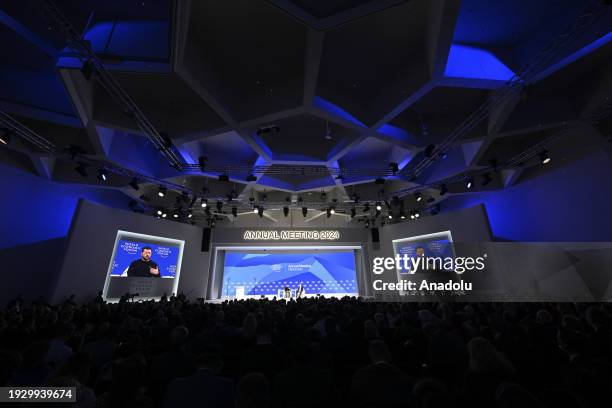 Ukrainian President Volodymyr Zelenskyy speaks during the annual meeting of the World Economic Forum in Davos, Switzerland, on January 16, 2024.