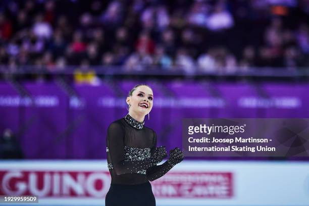 Loena Hendrickx of Belgium reacts in the Women's Free Skating during the ISU European Figure Skating Championships at Zalgirio Arena on January 13,...