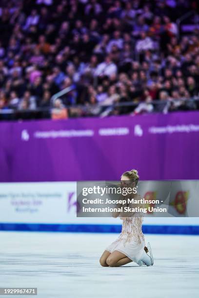 Anastasiia Gubanova of Georgia reacts in the Women's Free Skating during the ISU European Figure Skating Championships at Zalgirio Arena on January...