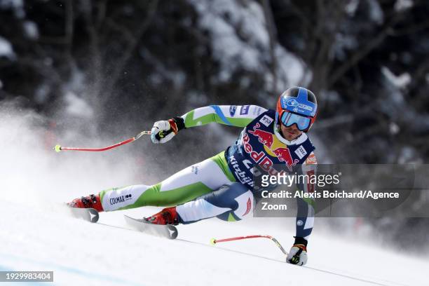Miha Hrobat of Team Slovenia in action during the Audi FIS Alpine Ski World Cup Men's Downhill Training on January 17, 2024 in Kitzbuehel, Austria.