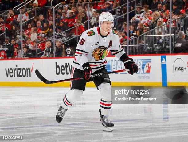 Connor Murphy of the Chicago Blackhawks skates against the New Jersey Devils at Prudential Center on January 05, 2024 in Newark, New Jersey.