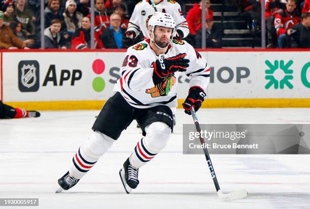 Colin Blackwell of the Chicago Blackhawks skates against the New Jersey Devils at Prudential Center on January 05, 2024 in Newark, New Jersey.