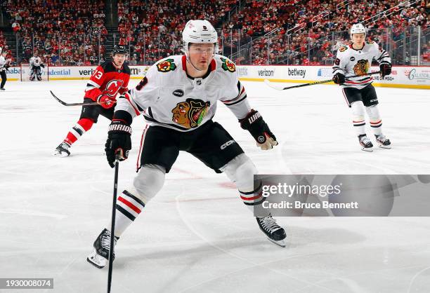 Ryan Donato of the Chicago Blackhawks skates against the New Jersey Devils at Prudential Center on January 05, 2024 in Newark, New Jersey.