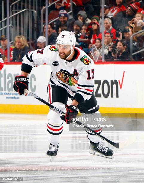 Nick Foligno of the Chicago Blackhawks skates against the New Jersey Devils at Prudential Center on January 05, 2024 in Newark, New Jersey.