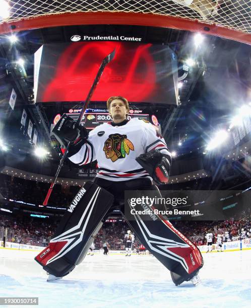 Arvid Soderblom of the Chicago Blackhawks skates against the New Jersey Devils at Prudential Center on January 05, 2024 in Newark, New Jersey.