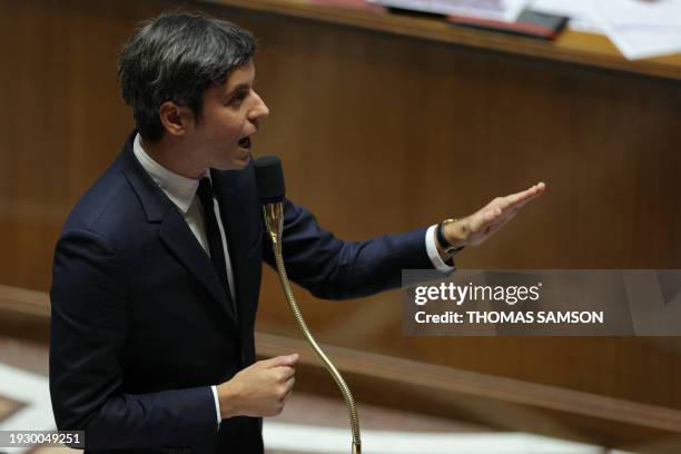 French Prime Minister Gabriel Attal delivers a speech during a session of questions to the government at The National Assembly in Paris on January...