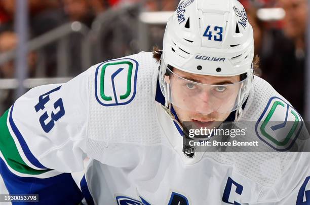 Quinn Hughes of the Vancouver Canucks skates against the New Jersey Devils at Prudential Center on January 06, 2024 in Newark, New Jersey.