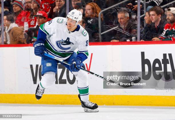 Dakota Joshua of the Vancouver Canucks skates against the New Jersey Devils at Prudential Center on January 06, 2024 in Newark, New Jersey.