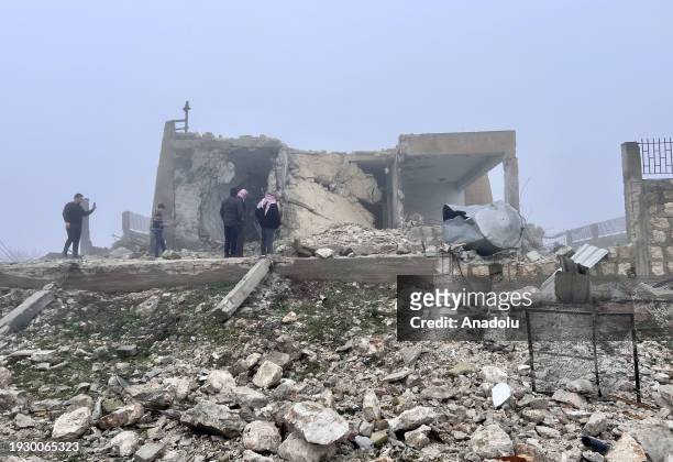 View of a collapsed building after the attacks at the town of Teltite in Idlib, Syria on January 16, 2024. According to the Iranian Revolutionary...