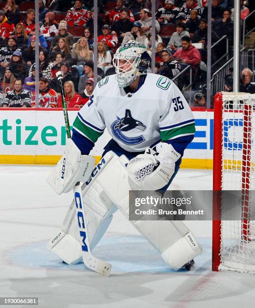 Thatcher Demko of the Vancouver Canucks skates against the New Jersey Devils at Prudential Center on January 06, 2024 in Newark, New Jersey.