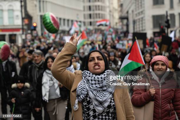 The march sets off from near Bank Station as hundreds of thousands of people join the protest in London on January 13, 2024 in London, England....