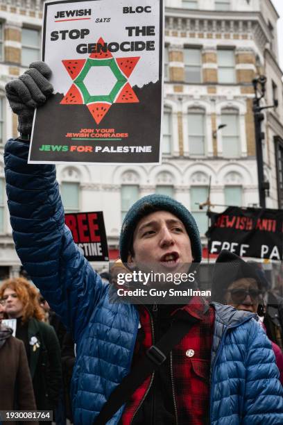 The Jewish bloc are seen on the demonstration as hundreds of thousands of people join the protest in London on January 13, 2024 in London, England....