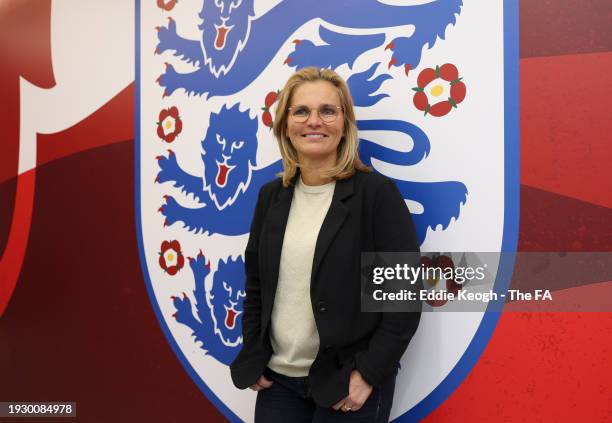 Sarina Wiegman, Head Coach of England poses after announcing the extension of her contract to 2027 at Wembley Stadium on January 16, 2024 in London,...