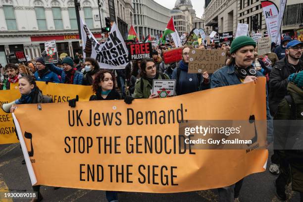 The Jewish bloc are seen on the demonstration as hundreds of thousands of people join the protest in London on January 13, 2024 in London, England....