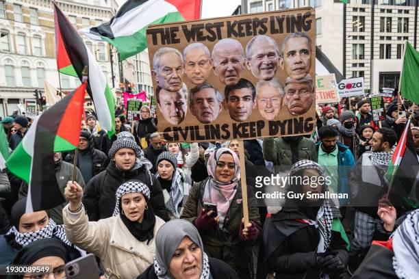 The march sets off from near Bank Station as hundreds of thousands of people join the protest in London on January 13, 2024 in London, England....