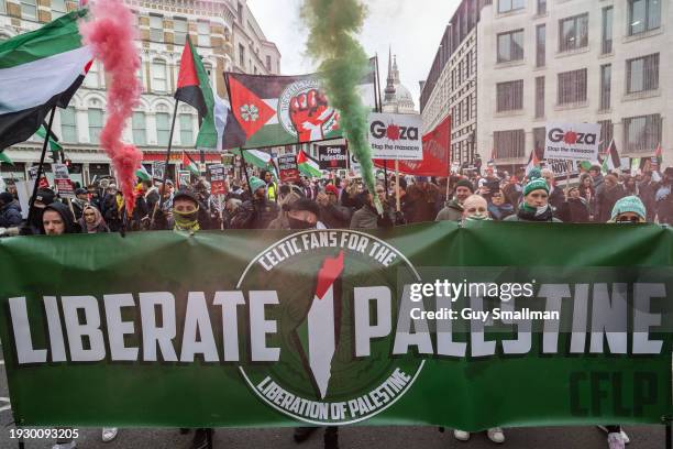 The Celtic fans contingent are seen as hundreds of thousands of people join the protest in London on January 13, 2024 in London, England. Activists...