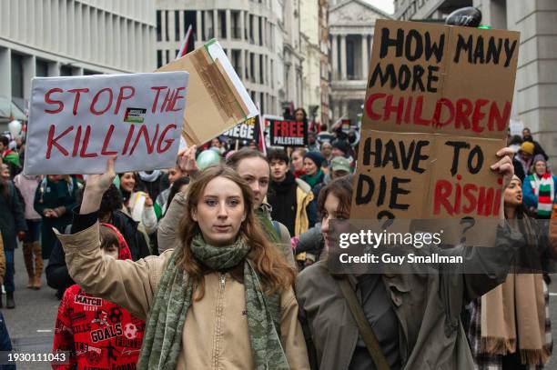 The march sets off from near Bank Station as hundreds of thousands of people join the protest in London on January 13, 2024 in London, England....