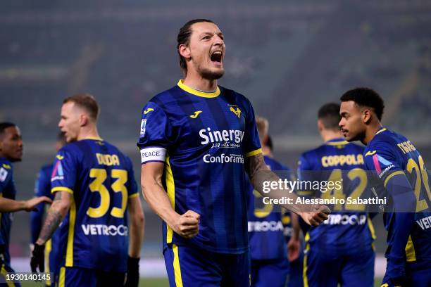 Milan Djuric of Hellas Verona FC celebrates scoring his team's first goal during the Serie A TIM match between Hellas Verona FC and Empoli FC - Serie...