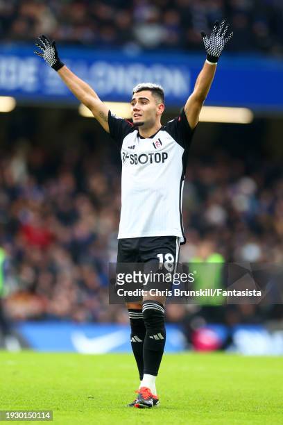 Andreas Pereira of Fulham gestures during the Premier League match between Chelsea FC and Fulham FC at Stamford Bridge on January 13, 2024 in London,...