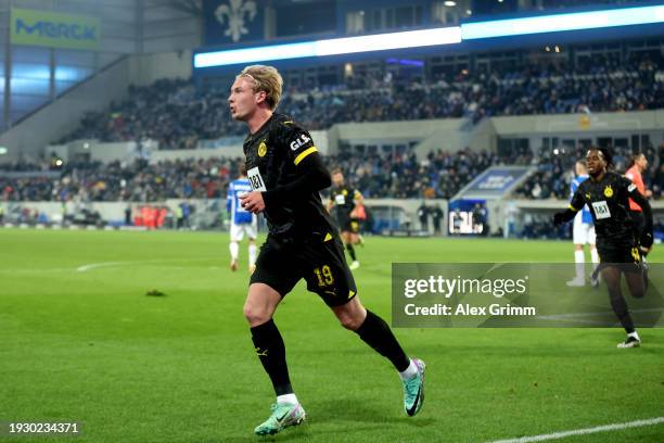 Julian Brandt of Borussia Dortmund celebrates scoring his team's first goal during the Bundesliga match between SV Darmstadt 98 and Borussia Dortmund...