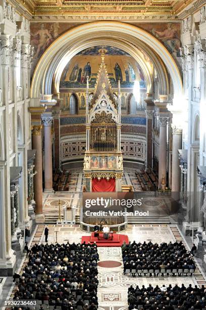 Pope Francis meets with over 800 priests of the Diocese of Rome in the Basilica of St. John Lateran on January 13, 2024 in Vatican City, Vatican. To...