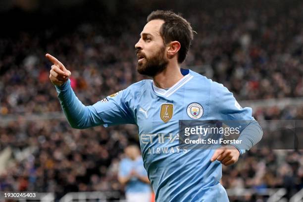 Bernardo Silva of Manchester City celebrates scoring his team's first goal during the Premier League match between Newcastle United and Manchester...