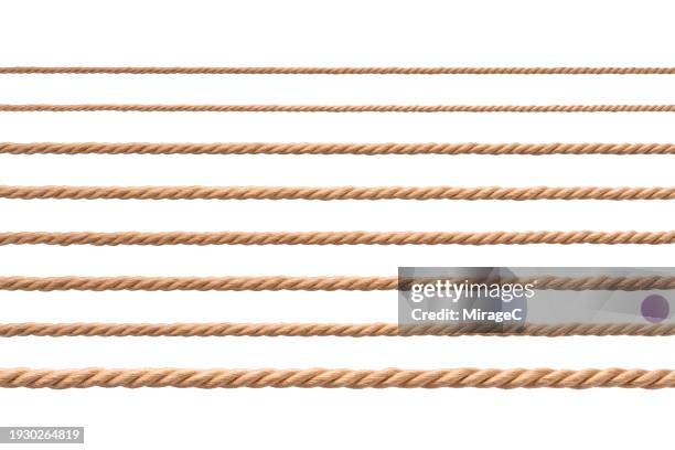 a set of straight brown ropes from thin to thick isolated on white - rope length stock pictures, royalty-free photos & images