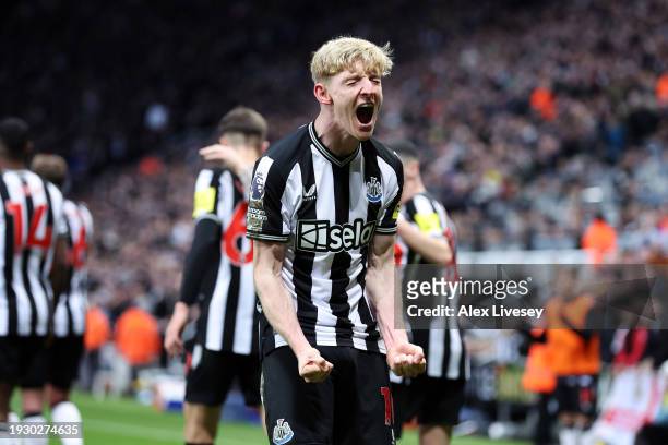 Anthony Gordon of Newcastle United celebrates scoring his team's second goal during the Premier League match between Newcastle United and Manchester...