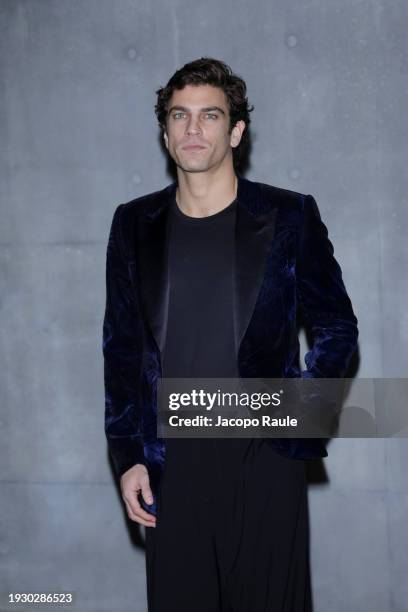 Filippo Contri arrives at the Emporio Armani fashion show during the Milan Menswear Fall/Winter 2024-2025 on January 13, 2024 in Milan, Italy.