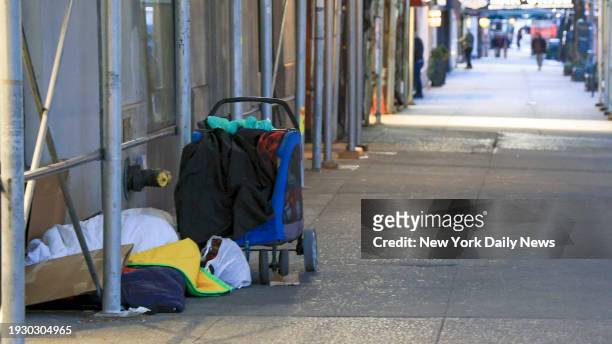 January 15: A unidentified homeless person is pictured sleeping on the cold pavement at 57th Street between 8th and 9th Avenues early Monday, January...