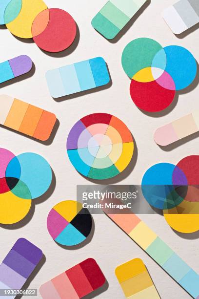 various color swatches and color wheel, paper craft - colour chart wheel stock pictures, royalty-free photos & images