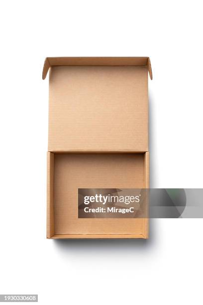 opened brown cardboard box isolated on white - top of cardboard box stock pictures, royalty-free photos & images