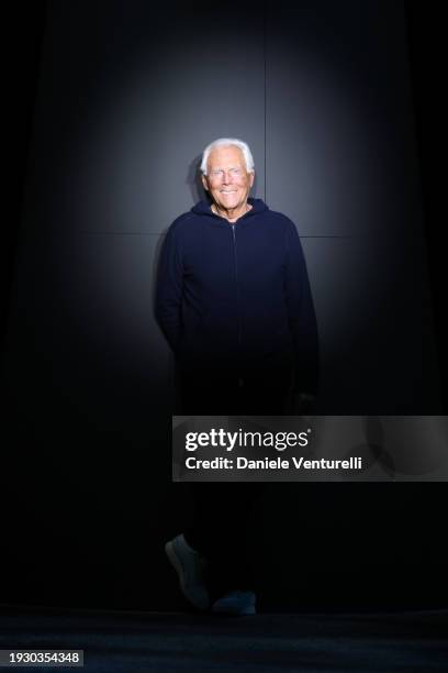 Designer Giorgio Armani walks the runway at the Emporio Armani fashion show during the Milan Menswear Fall/Winter 2024-2025 on January 13, 2024 in...