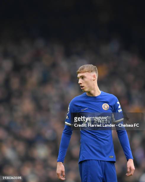 Cole Palmer of Chelsea looks on during the Premier League match between Chelsea FC and Fulham FC at Stamford Bridge on January 13, 2024 in London,...