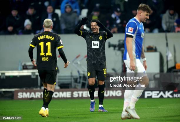 Marco Reus of Borussia Dortmund celebrates scoring his team's second goal with teammate Jadon Sancho of Borussia Dortmund during the Bundesliga match...