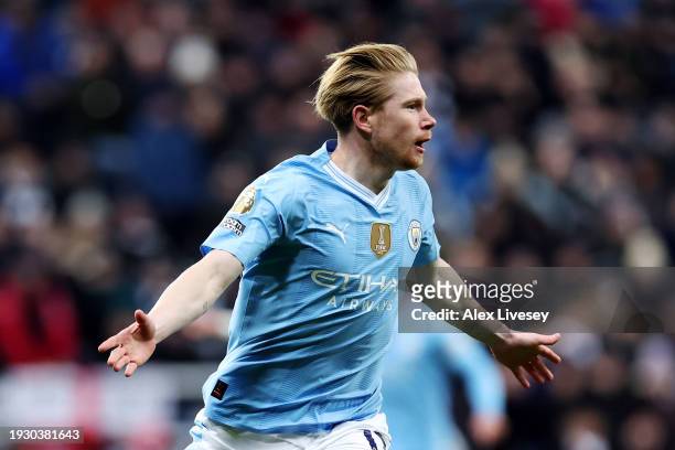 Kevin De Bruyne of Manchester City celebrates scoring his team's second goal during the Premier League match between Newcastle United and Manchester...