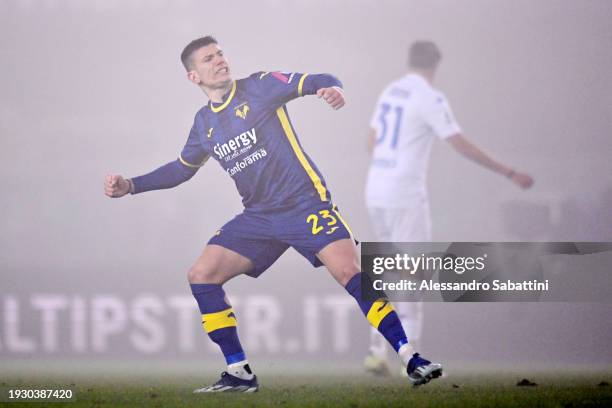 Giangiacomo Magnani of Hellas Verona FC celebrates following the team's victory in during the Serie A TIM match between Hellas Verona FC and Empoli...