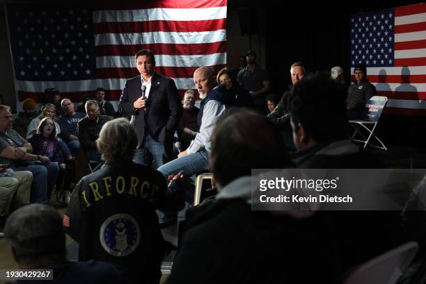 Republican presidential candidate Florida Gov. Ron DeSantis takes a question from an audience member at a campaign event at The Grass Wagon on...