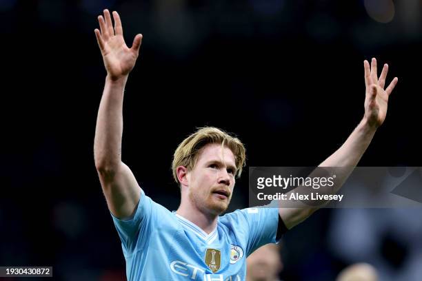 Kevin De Bruyne of Manchester City acknowledges the fans after the team's victory in the Premier League match between Newcastle United and Manchester...