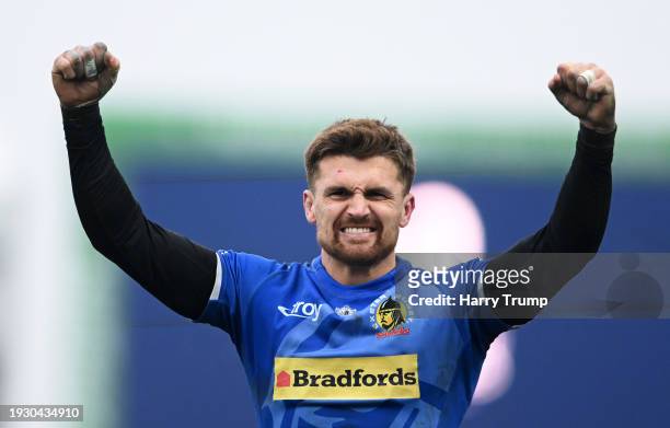Henry Slade of Exeter Chiefs celebrates following their sides victory after the Investec Champions Cup match between Exeter Chiefs and Glasgow...