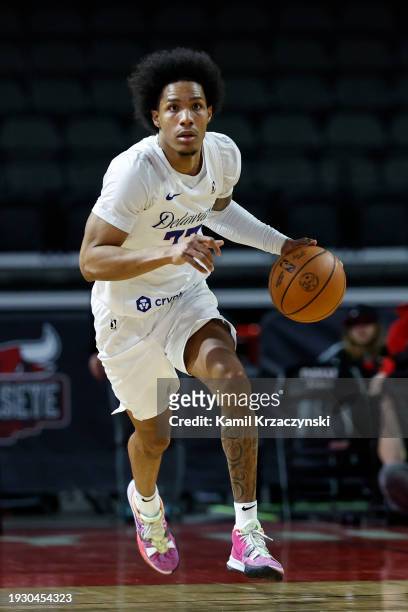 Patrick McCaw of the Delaware Blue Coats brings the ball up court during the game against the Windy City Bulls on January 13, 2024 at NOW Arena in...