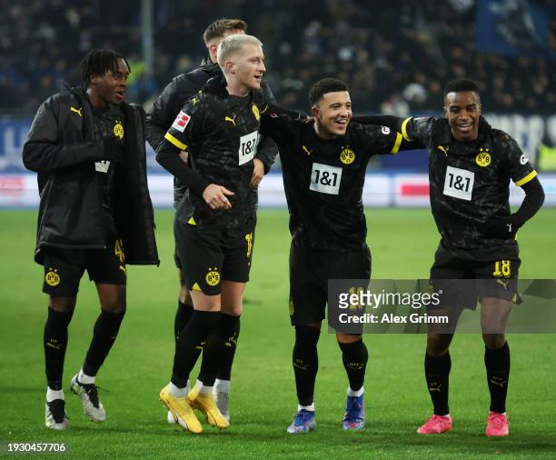 Jamie Bynoe-Gittens, Marco Reus, Jadon Sancho and Youssoufa Moukoko of Borussia Dortmund during the Bundesliga match between SV Darmstadt 98 and...