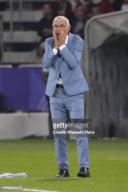 Hector Cuper, coach of Syria looks on during the AFC Asian Cup Group B match between Australia and India at Jassim Bin Hamad Stadium on January 13,...