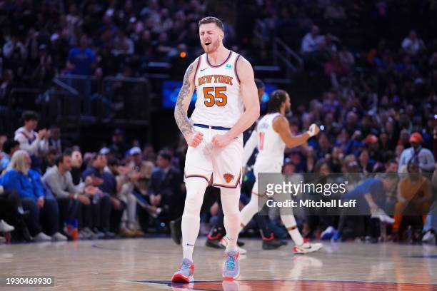 Isaiah Hartenstein of the New York Knicks reacts against the Minnesota Timberwolves at Madison Square Garden on January 1, 2024 in New York City. The...