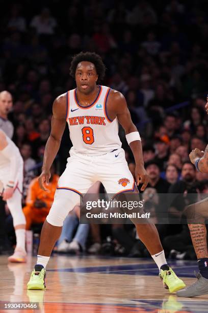 Anunoby of the New York Knicks in action against the Minnesota Timberwolves at Madison Square Garden on January 1, 2024 in New York City. The Knicks...