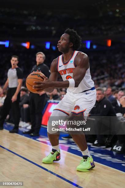 Anunoby of the New York Knicks shoots the ball against the Minnesota Timberwolves at Madison Square Garden on January 1, 2024 in New York City. The...