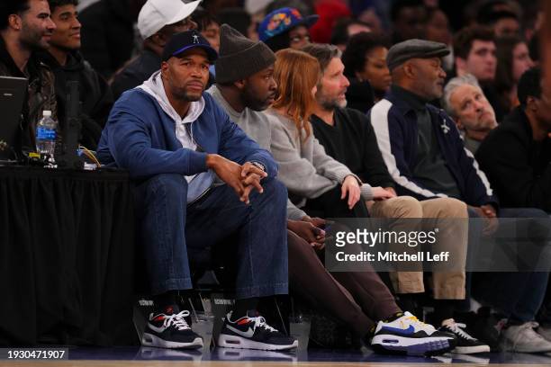 Michael Strahan looks on during the game between the Minnesota Timberwolves and New York Knicks at Madison Square Garden on January 1, 2024 in New...