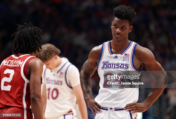 Adams Jr. #24 of the Kansas Jayhawks reacts after a foul during the 1st half of the game against the Oklahoma Sooners at Allen Fieldhouse on January...