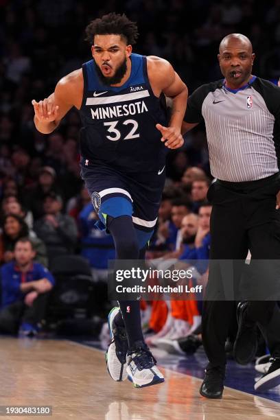 Karl-Anthony Towns of the Minnesota Timberwolves reacts against the New York Knicks at Madison Square Garden on January 1, 2024 in New York City. The...